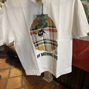2 for one Bape White T-Shirt with Plaid&Camo Ape Head Graphic